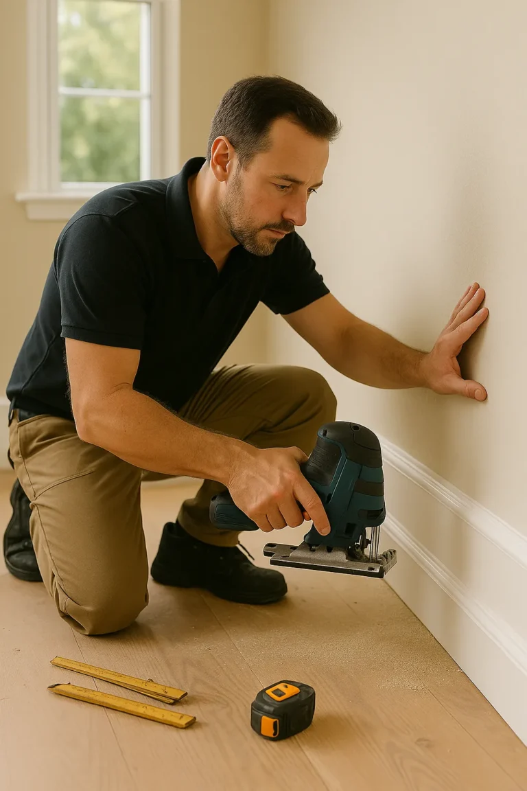 Aannemer plaatst plinten met decoupeerzaag op houten vloer.