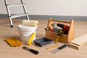 Assortiment gereedschap, verfemmer en vloerplanken op houten vloer – symbool voor veelgevraagde klussen door een klusbedrijf in Dordrecht.