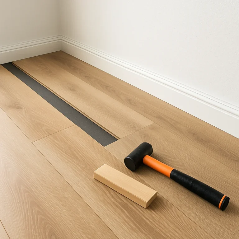 Laminaatvloer in houtlook in aanleg met witte plinten en gereedschap