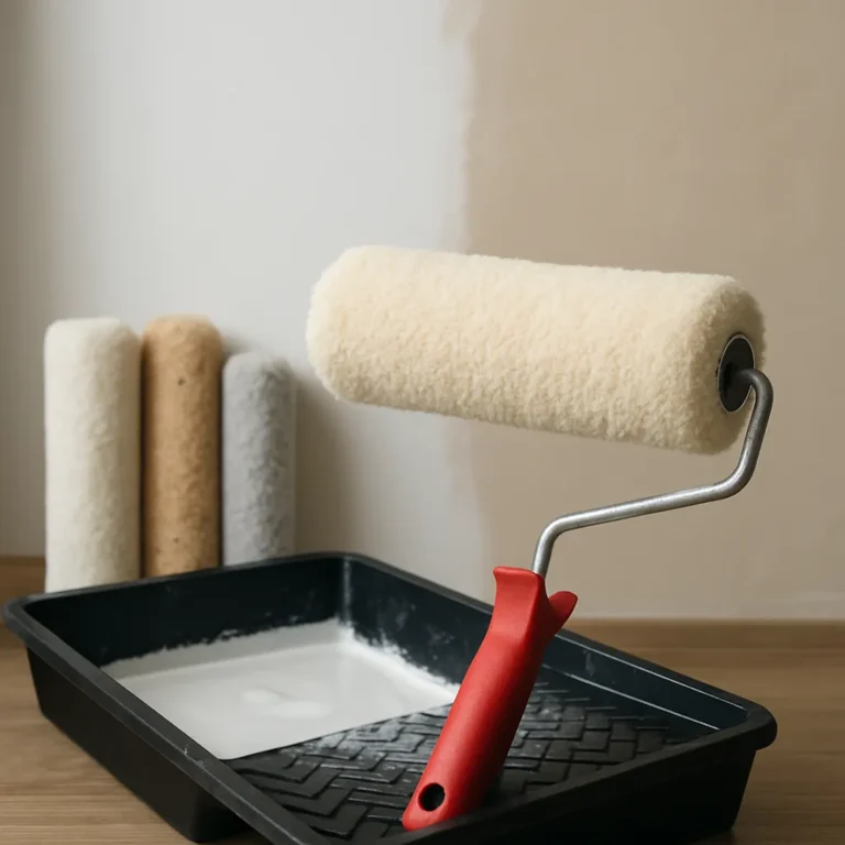 Verfrollers met verschillende poolhoogtes en verfbak op houten werkblad.