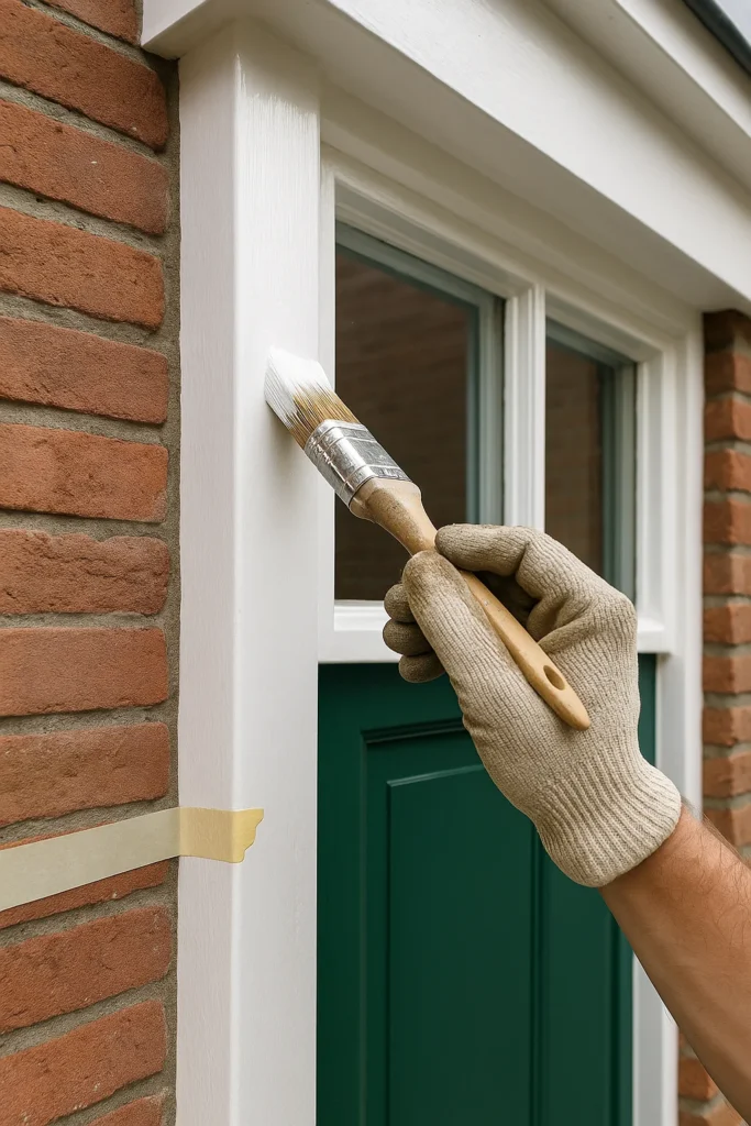 Schilder brengt witte verf aan op houten kozijnen van een woning.