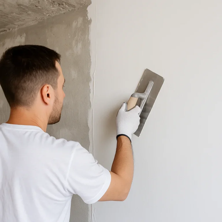 Stukadoor aan het werk met glad pleisterwerk op een muur.