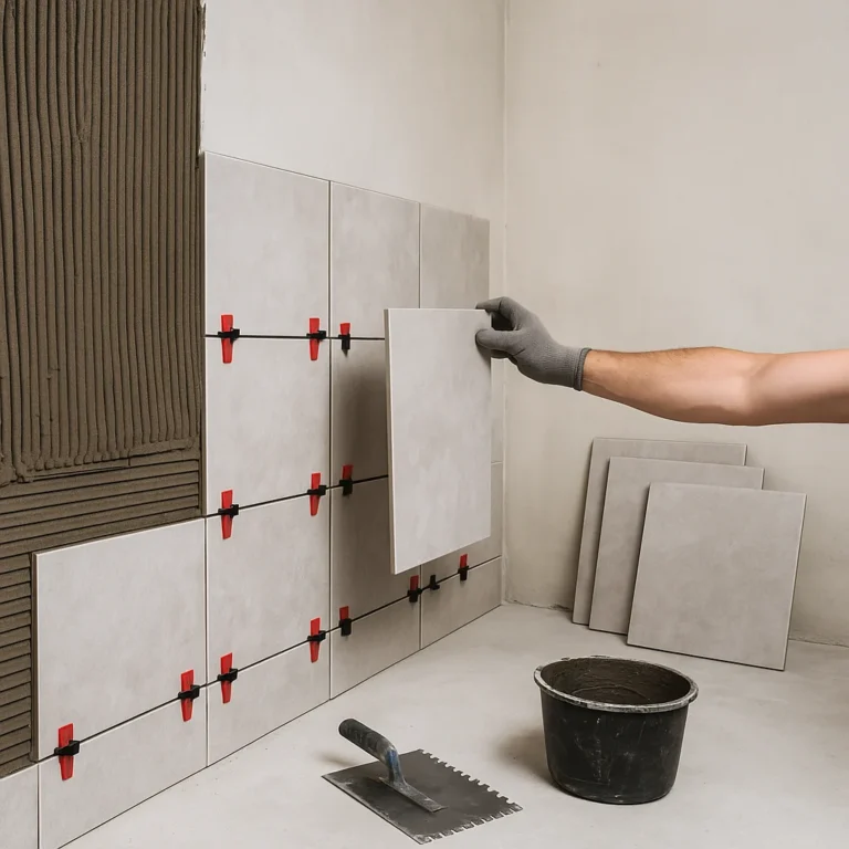 Hand van een tegelzetter plaatst een lichtgrijze wandtegel tijdens renovatie.