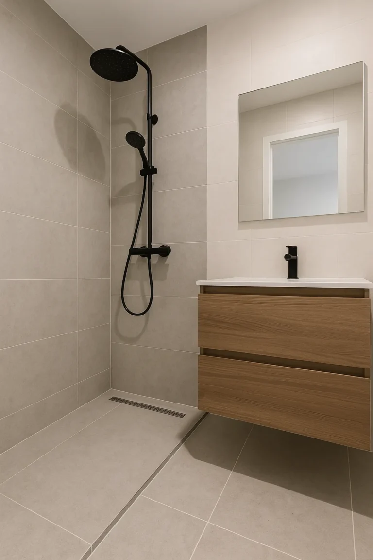Strakke badkamer met lichtgrijze tegels en zwarte douchekraan