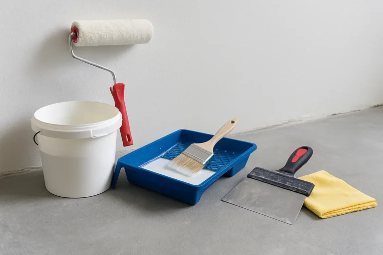 Roller, kwast, emmer en primertray voor het voorbereiden van muur met voorstrijk stucwerk