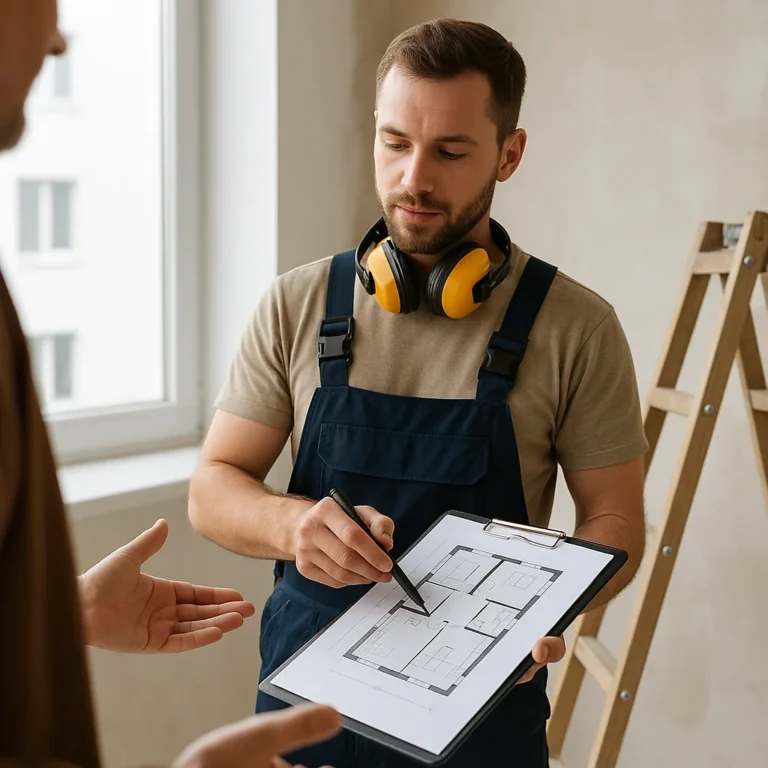 Monteur van Klusbedrijf Breda bespreekt renovatieplan met klant voor duidelijke scope en planning.