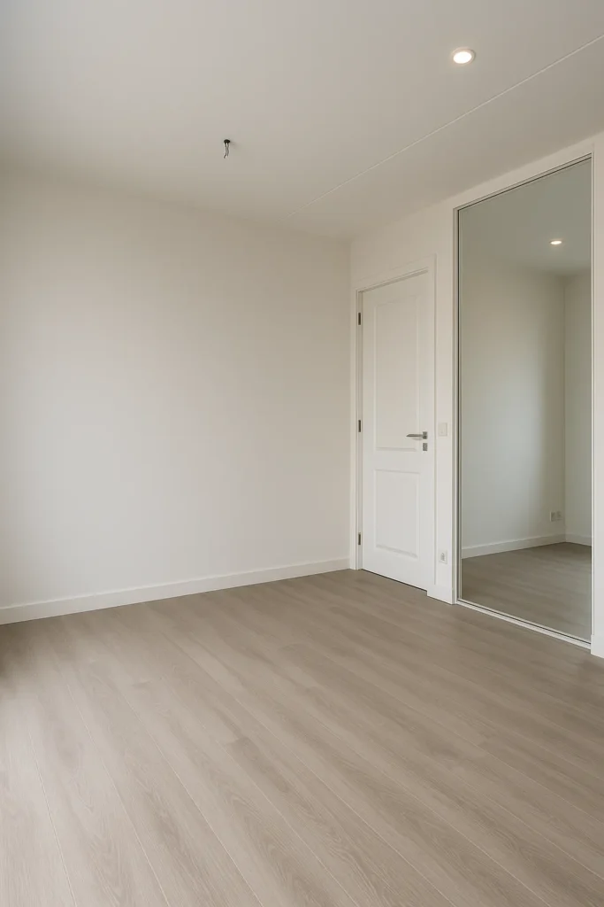 Strak gerenoveerde kamer met lichte vloer, gladde wanden en nette afwerking