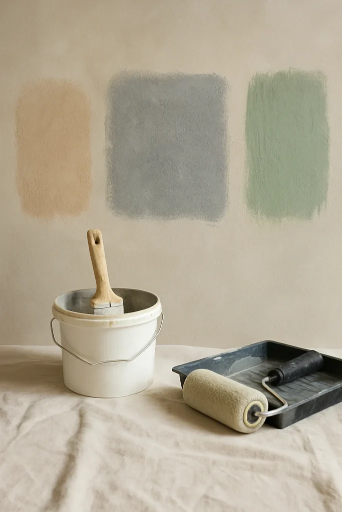 Testvlakken van kalkverf, betonlook en krijtverf op een muur met verfmaterialen