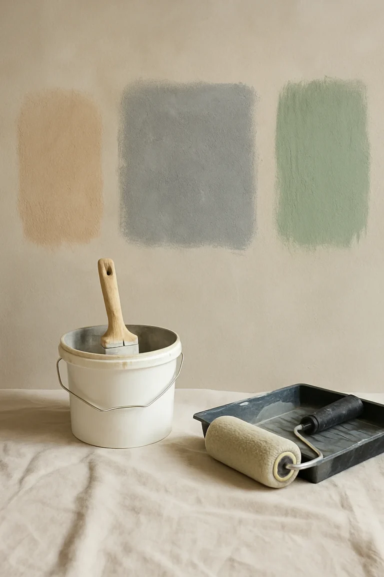 Testvlakken van kalkverf, betonlook en krijtverf op een muur met verfmaterialen