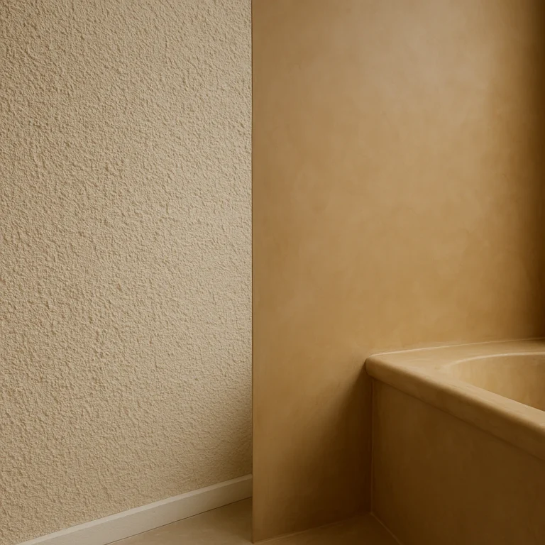 Vergelijking van sierpleister en tadelakt wandafwerking naast elkaar