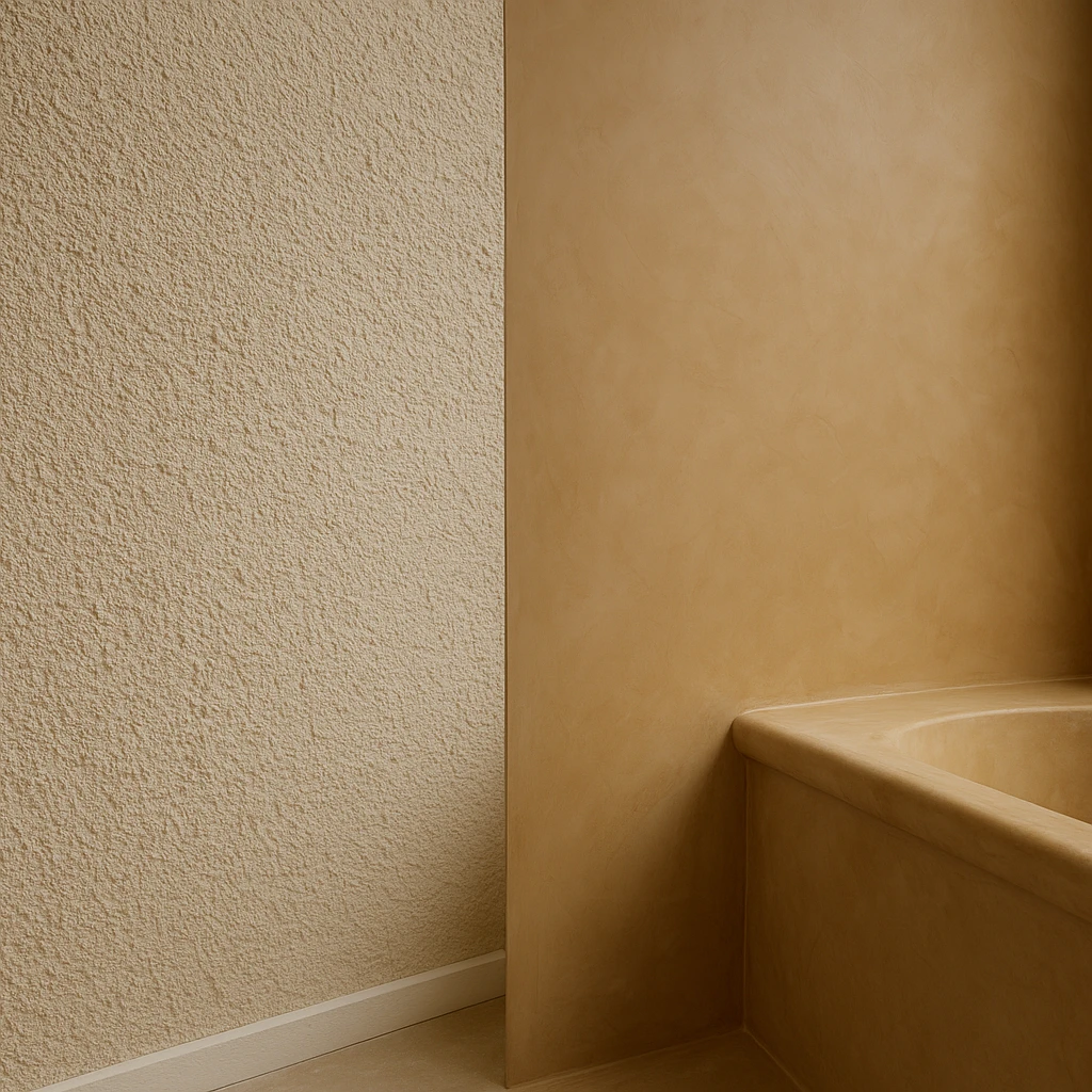 Vergelijking van sierpleister en tadelakt wandafwerking naast elkaar