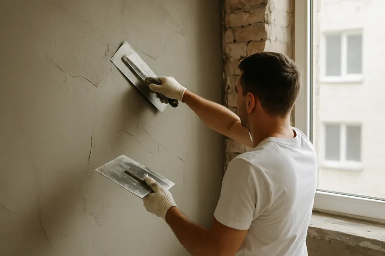 Stukadoor brengt gips aan op een muur naast een raam.