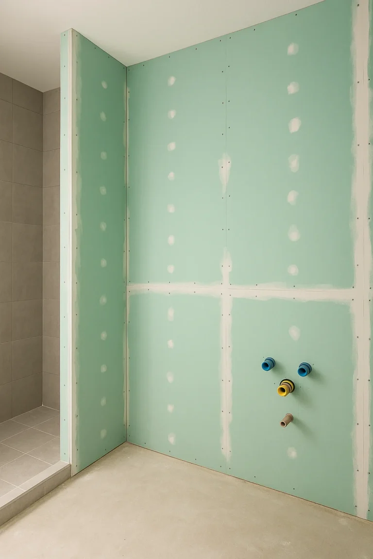 Vochtwerende groene gipsplaten op metalen profielen in een badkamer in renovatie, leidingen en nis zichtbaar
