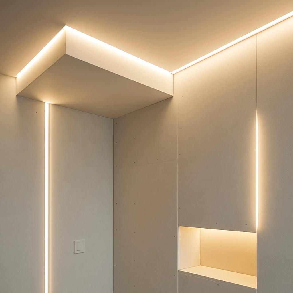 Strakke wand en plafond van gipsplaten met koof en verticale LED-lijn voor warm, indirect licht