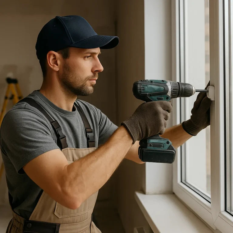 Monteur boort scharnier vast bij plaatsing van kunststof raam in Breda