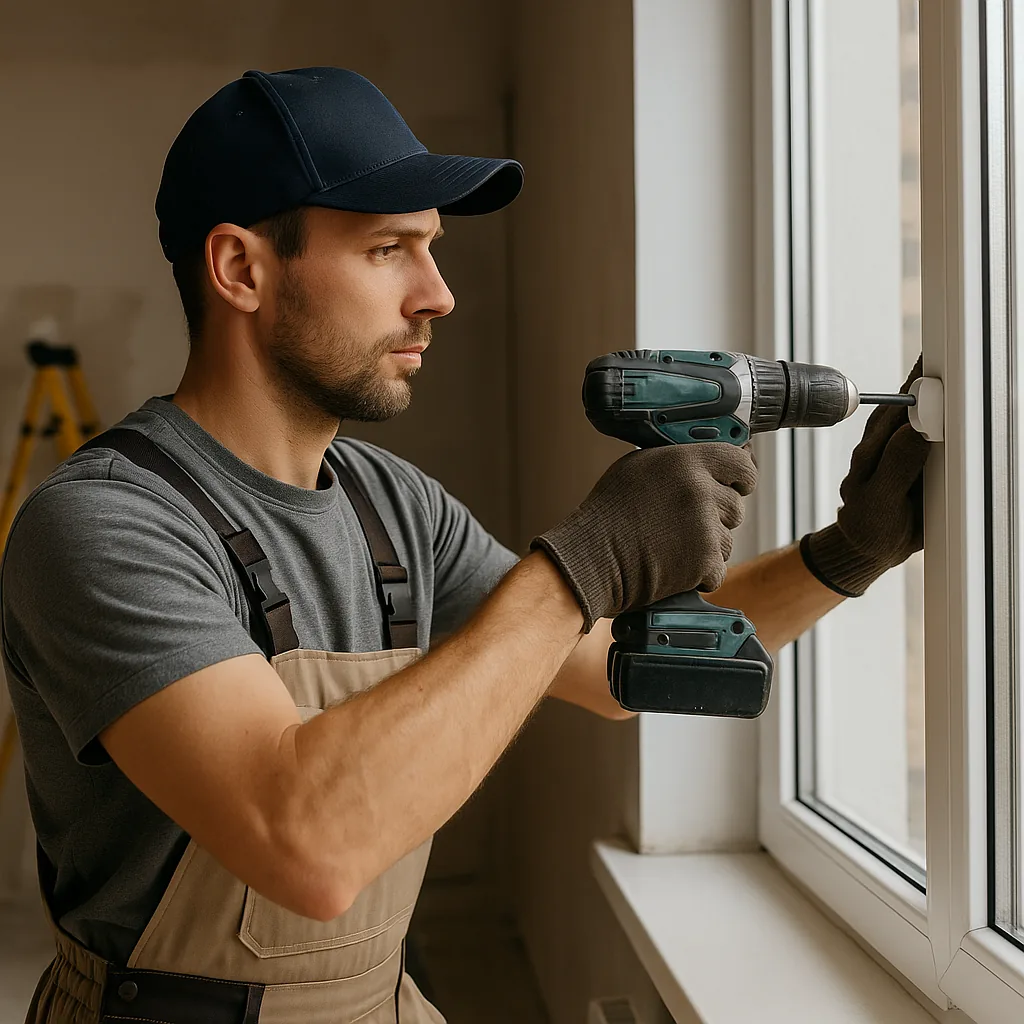 Monteur boort scharnier vast bij plaatsing van kunststof raam in Breda