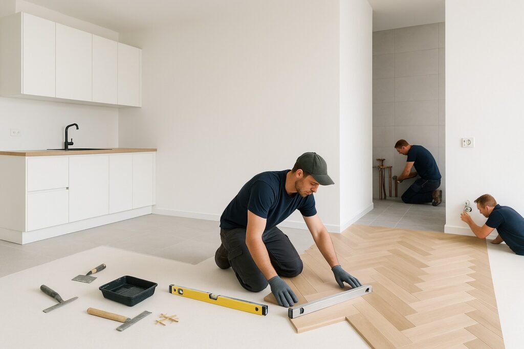 Vakmannen leggen visgraatvloer in moderne keuken tijdens renovatie, met gereedschap en waterpas op vloer.