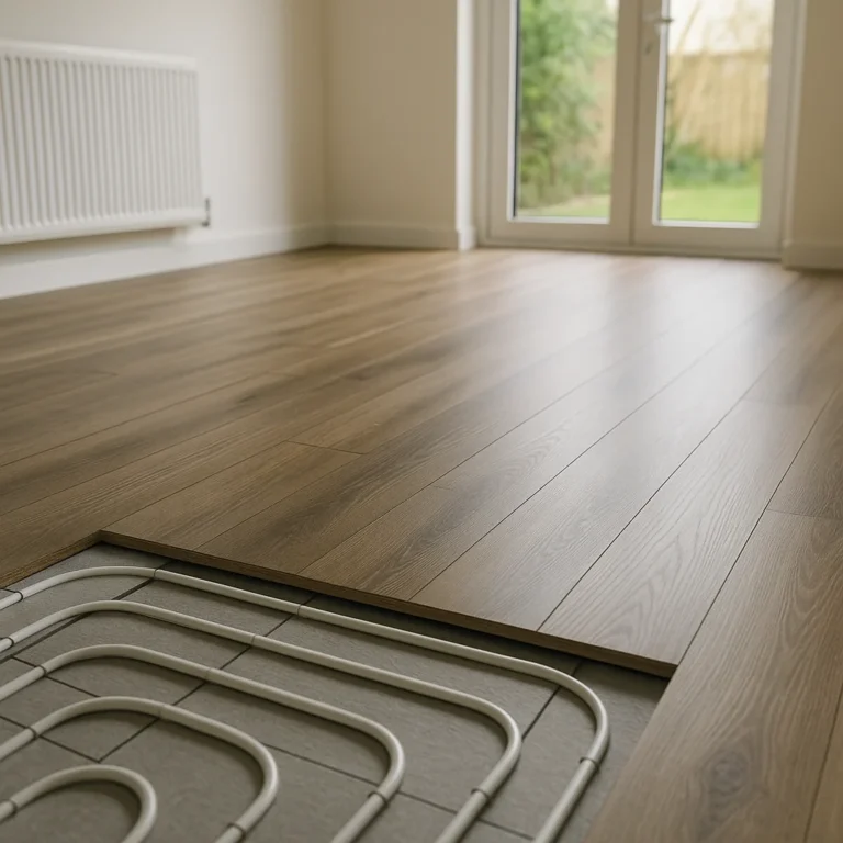 Laminaatvloer met zicht op vloerverwarming-buizen in moderne woonkamer met veel daglicht