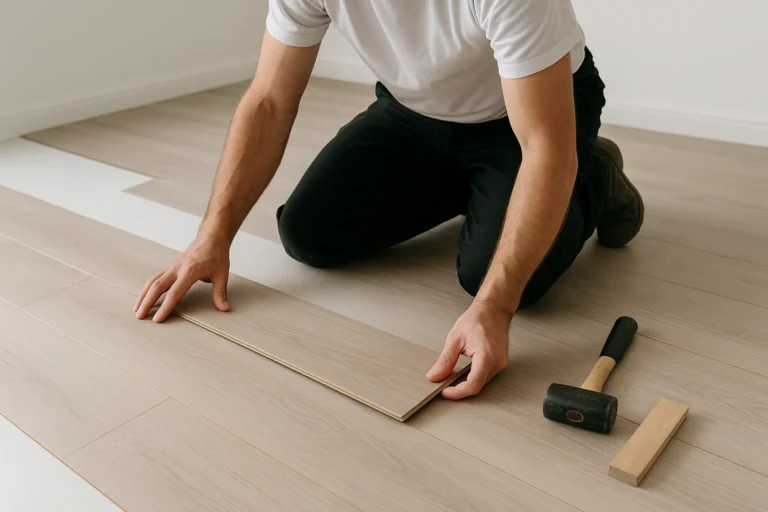 Vakman legt professioneel laminaat in een moderne woning met licht eiken vloer.
