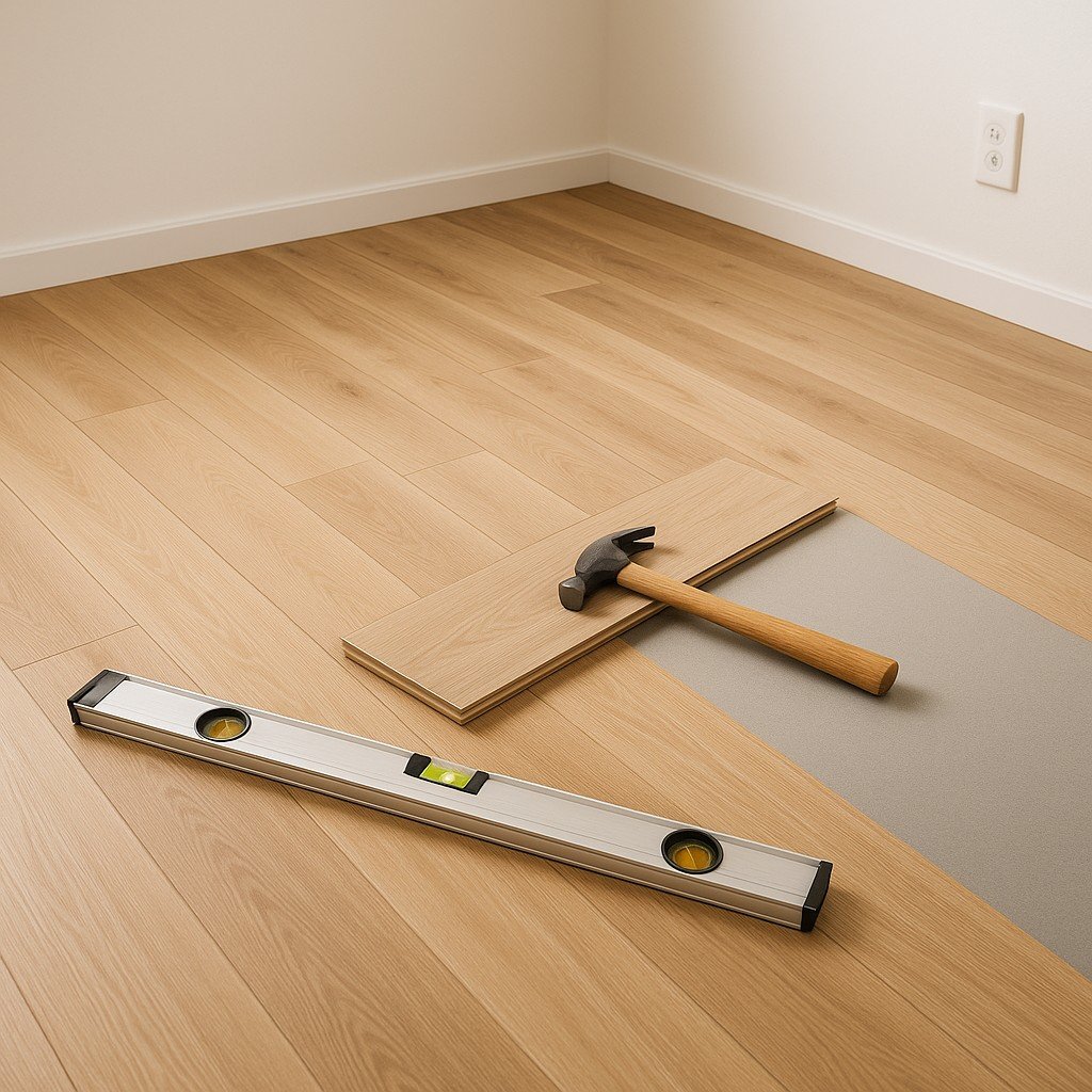 Vakman legt laminaatvloer met hamer en waterpas op houten ondervloer