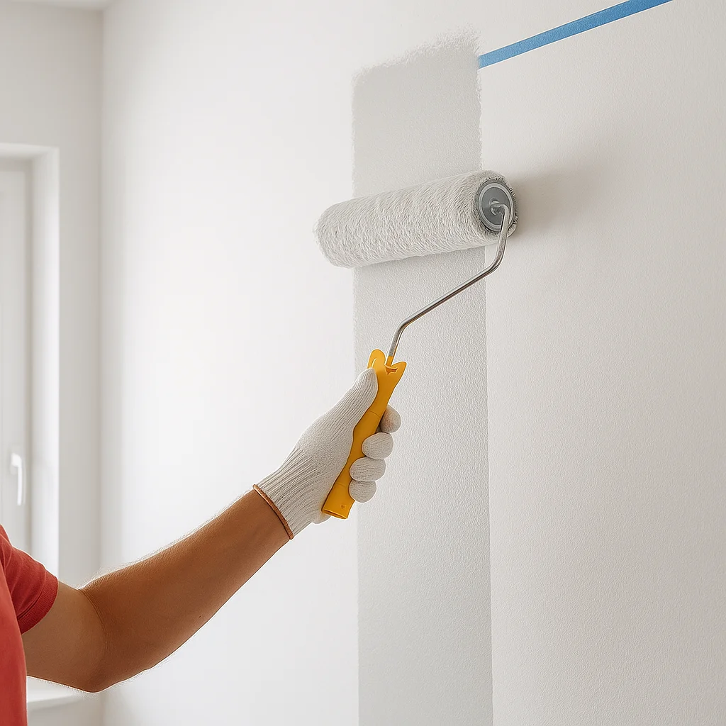 Schilder verft een muur zorgvuldig met een roller voor een streeploos resultaat.