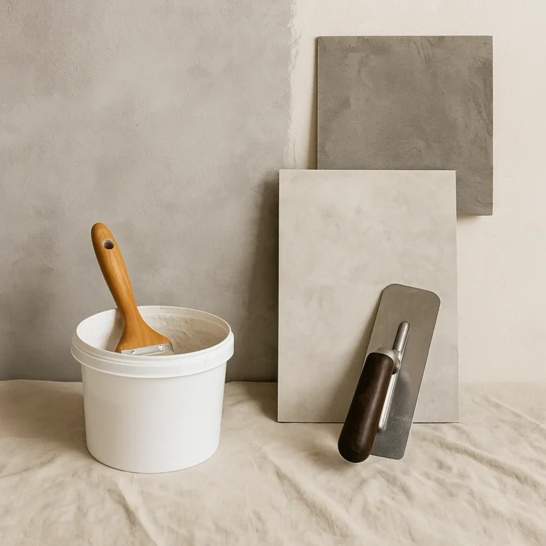 Kalkverf en betonlook materialen met kwast, spaan en proefvlakken op linnen doek.