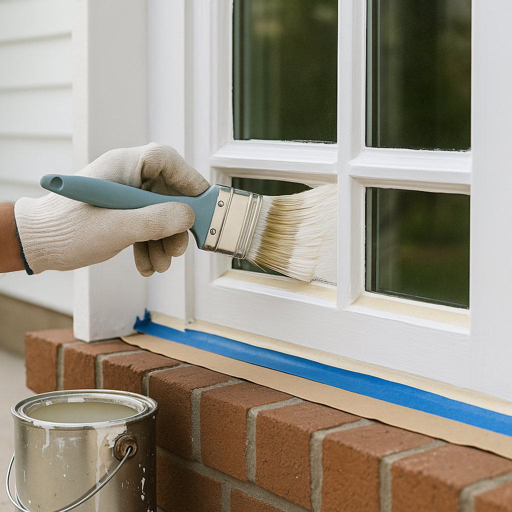 Schilder brengt witte verf aan op houten kozijn met een kwast voor strak en duurzaam schilderwerk