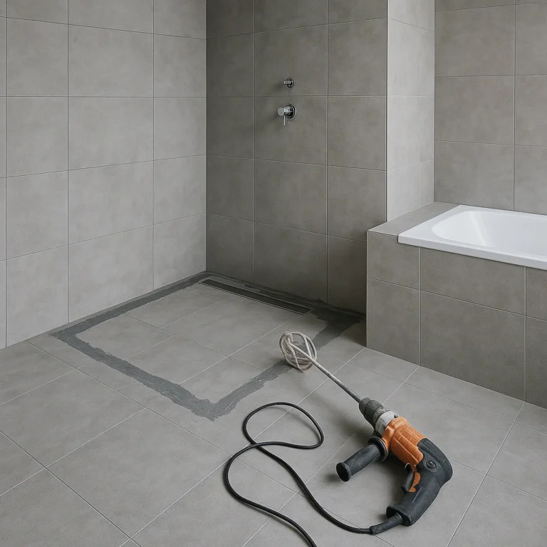 Grijze badkamer met tegelwerken in uitvoering en gereedschap klaar voor waterdichte afwerking.