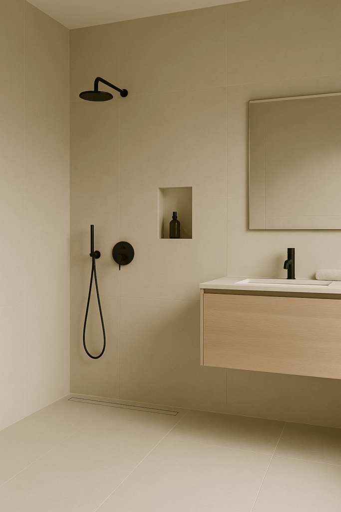 Inloopdouche met grote lichtgrijze tegels, nis in de wand en zwarte douchegarnituur