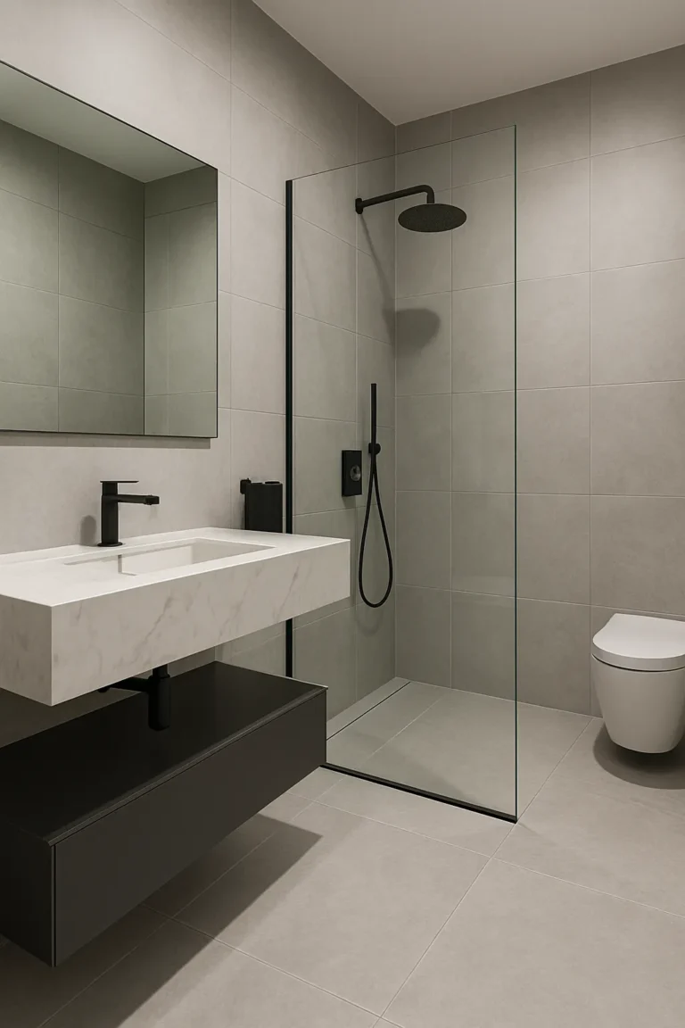 Minimalistische badkamer met grootformaat lichtgrijze tegels en matzwarte douche- en badkranen.