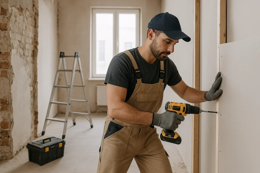 Vakman monteert gipsplaat tegen regelwerk in renovatieruimte met accuschroef, ladder en gereedschapskist klusbedrijf Gorinchem.