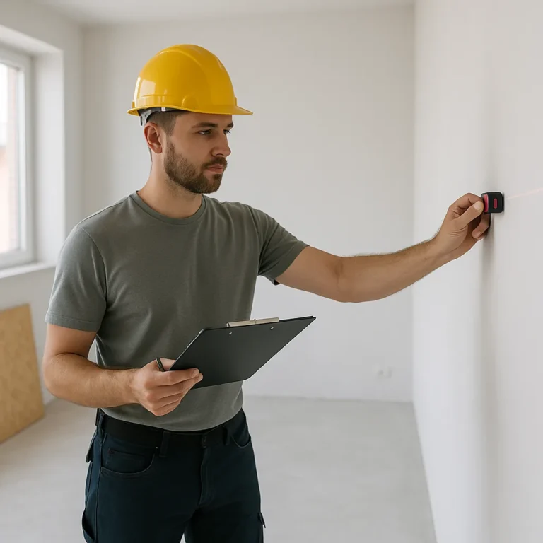 Monteur meet een wand met laser en clipboard tijdens opname – start van transparante offerte en planning door klusbedrijf Dordrecht.