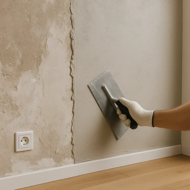 Stukadoor strijkt verse pleister glad met troffel; overgang van beschadigde naar strak gestucte muur zichtbaar.