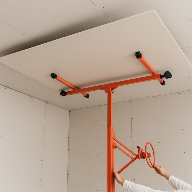 Gipsplaat wordt met een rode plafondlift tegen het plafond geplaatst tijdens montage.