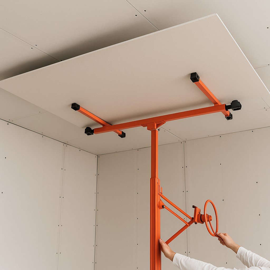 Gipsplaat wordt met een rode plafondlift tegen het plafond geplaatst tijdens montage.