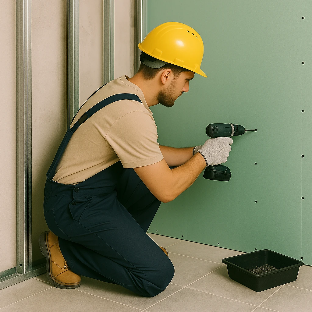 Monteur bevestigt groene vochtwerende gipsplaat op metalen profielen in een badkamer of keukensetting.