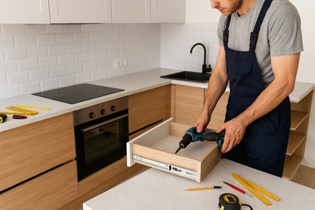 Vakman monteert lade in moderne houten keuken met elektrische boormachine