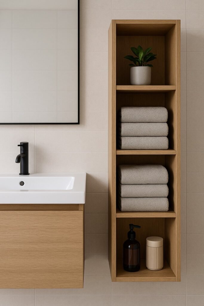 Houten badkamerkast met opgevouwen handdoeken naast een witte wastafel en zwarte kraan.