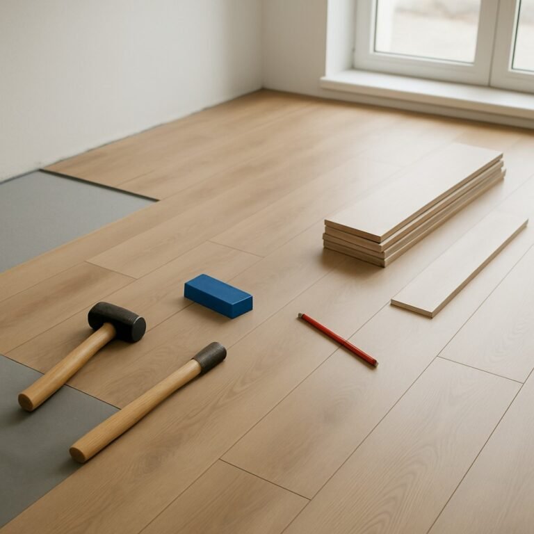 Laminaatvloer in aanleg met licht eiken planken, gereedschap en ondervloer netjes klaargelegd in een lege kamer.
