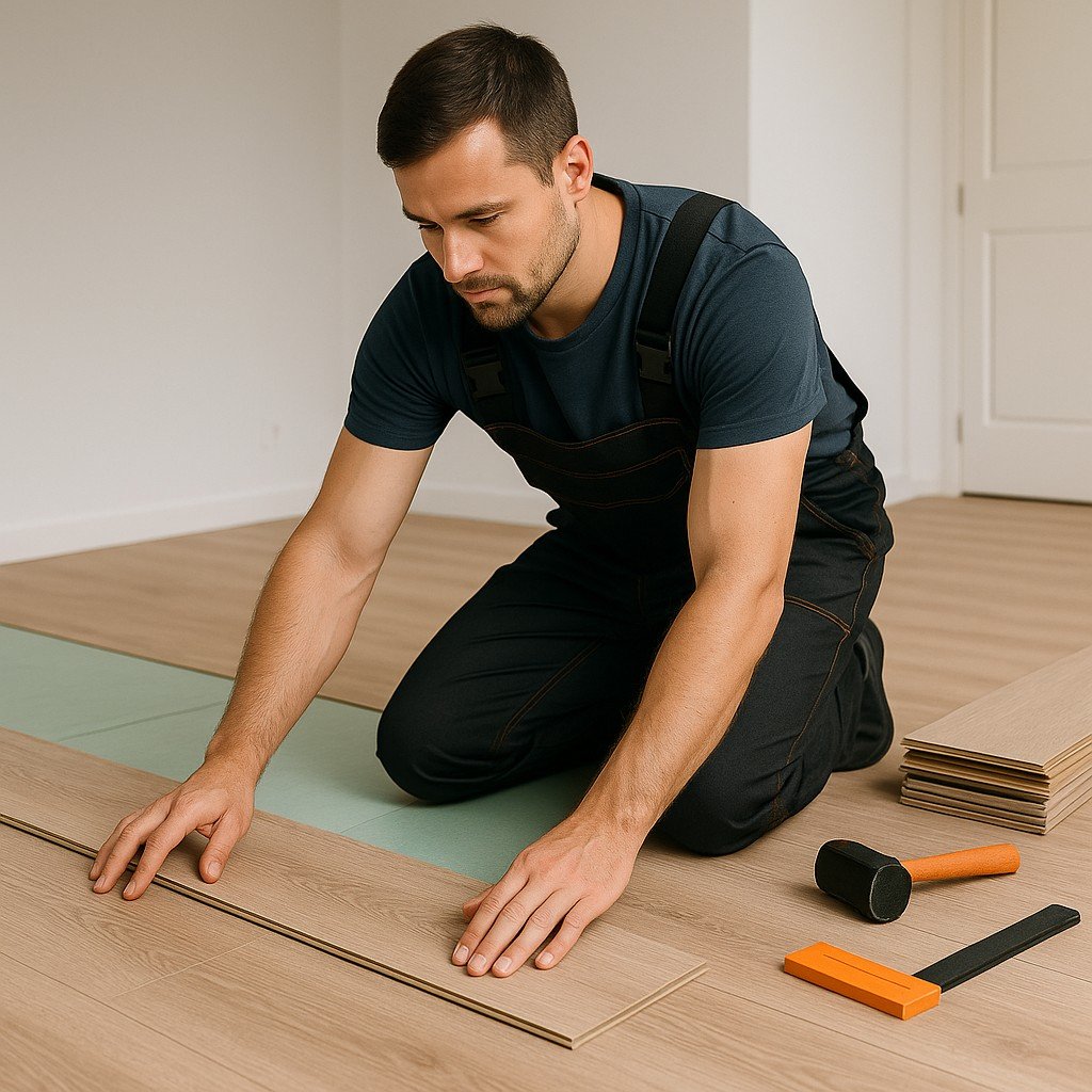 Vakman legt laminaatvloer nauwkeurig op ondervloer in moderne woning