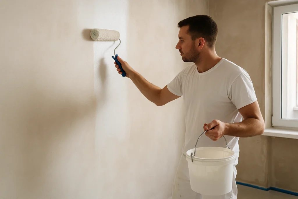 Schilder die primer aanbrengt op een gestucte muur met een verfroller, met een emmer voorstrijk in de hand.