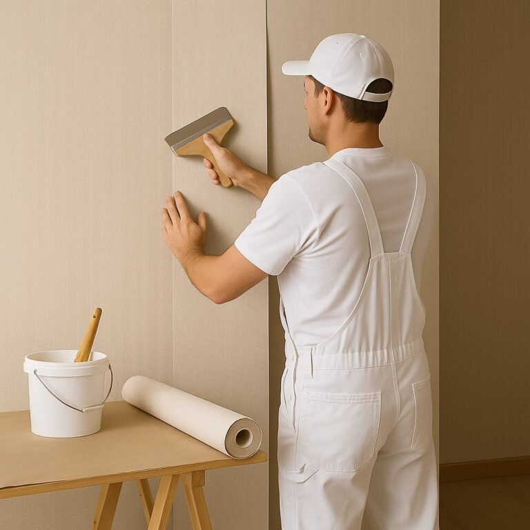 Professionele behanger brengt beige behang aan op muur met precisie in moderne woning