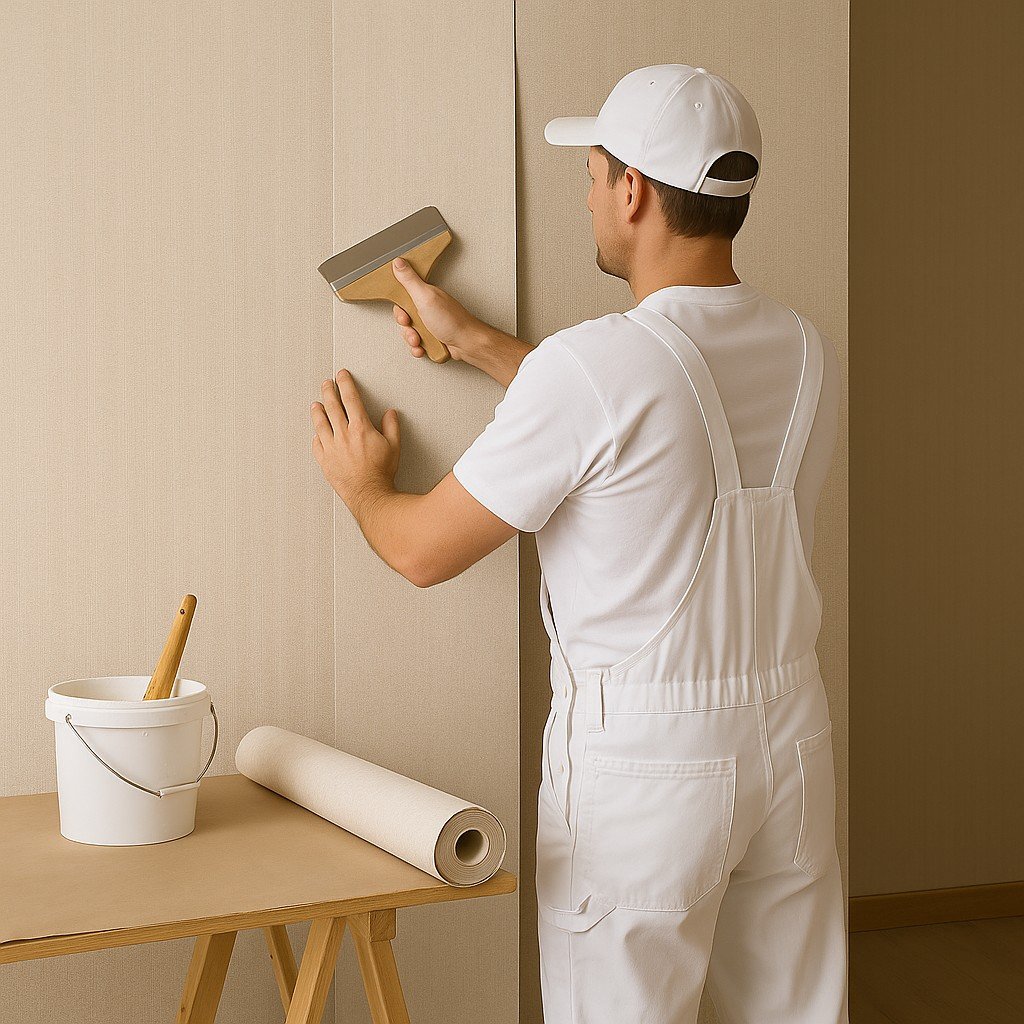 Professionele behanger brengt beige behang aan op muur met precisie in moderne woning