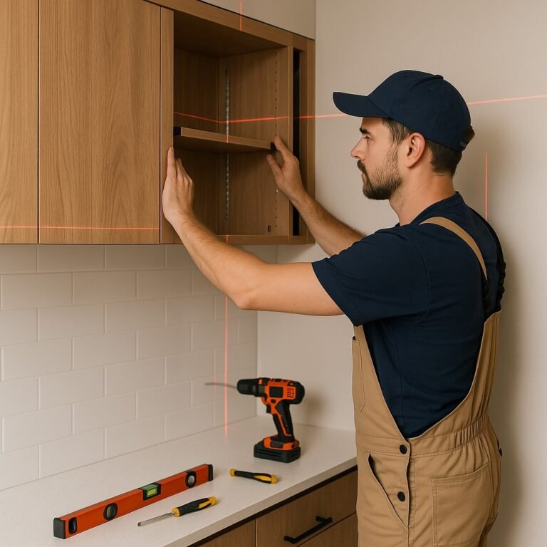 Vakman monteert houten keukenkast met behulp van waterpas en elektrisch gereedschap tijdens keukeninstallatie.