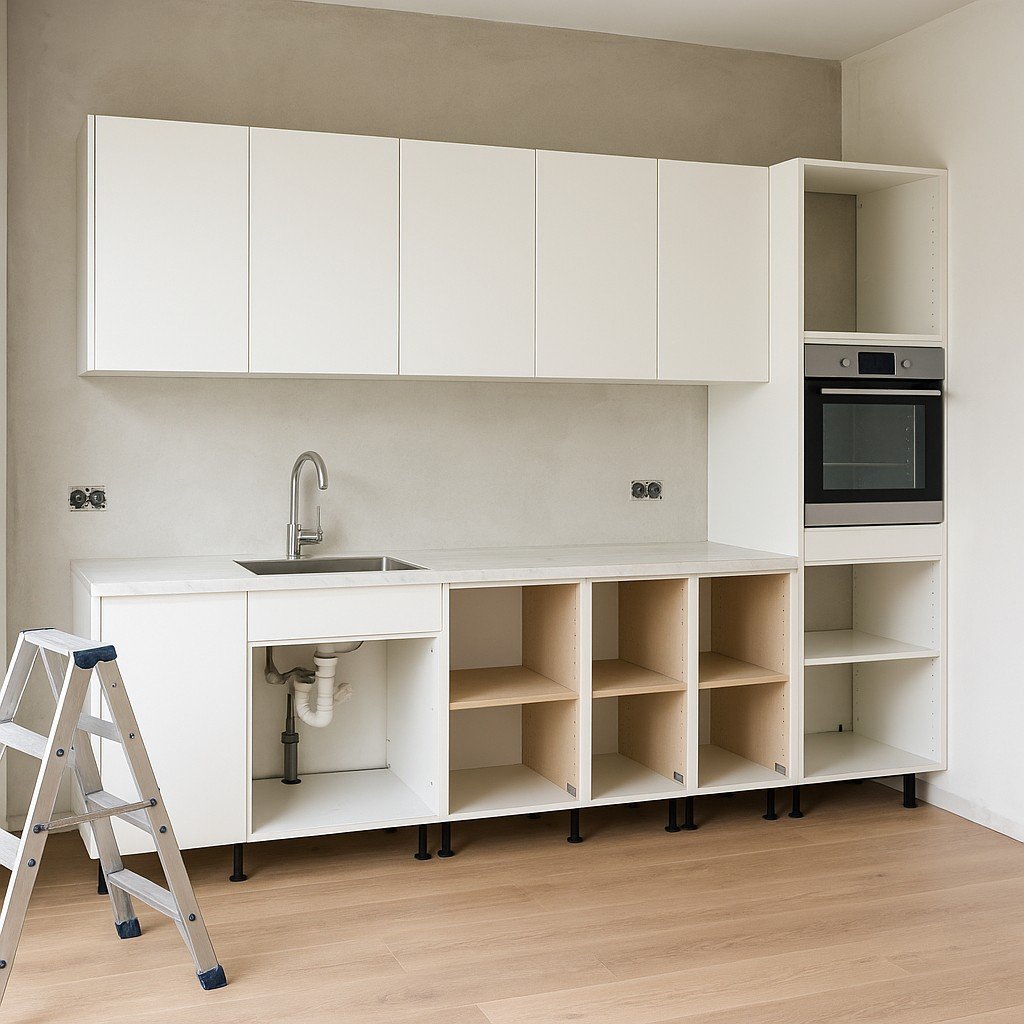 Moderne witte keuken in opbouw met bovenkasten, ingebouwde oven en open onderkasten tijdens keukenmontage