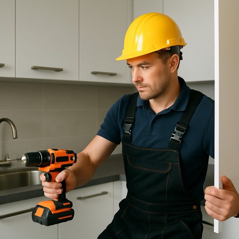 Monteur met gele veiligheidshelm plaatst een keukenkast en gebruikt een accuboormachine tijdens montage.