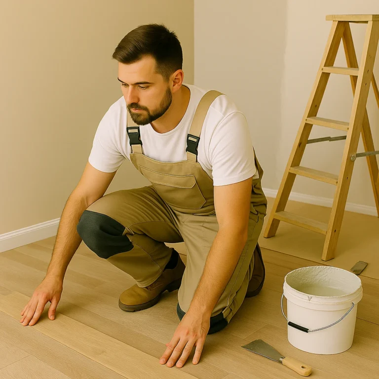 Vakman plaatst nauwkeurig een laminaatvloer tijdens renovatiewerkzaamheden.