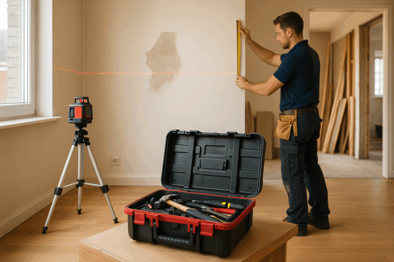 Vakman meet muur met rolmaat tijdens renovatie, met gereedschapskist en laserwaterpas in kamer.