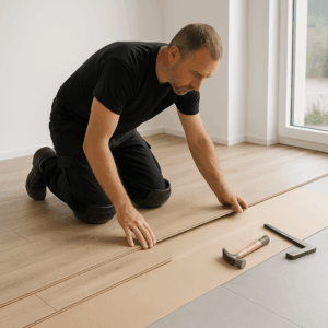 Vakman legt laminaatvloer zorgvuldig in een lichte moderne kamer met gereedschap op de grond.