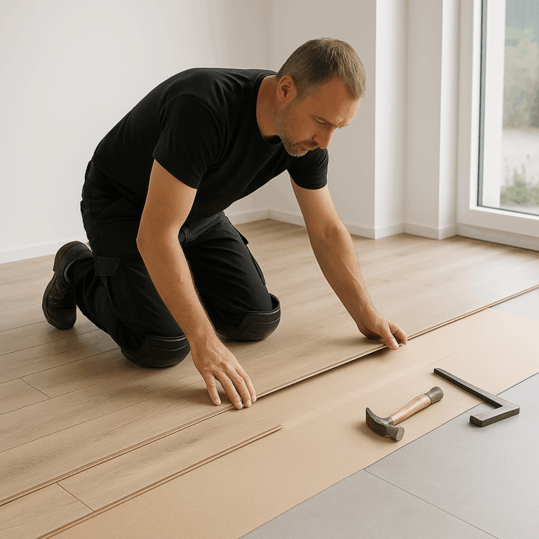 Vakman legt laminaatvloer zorgvuldig in een lichte moderne kamer met gereedschap op de grond.